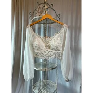 Stella Tweed Top Crop Bralette Cream Lace Chiffon Poet Sleeves Smocked Back Med